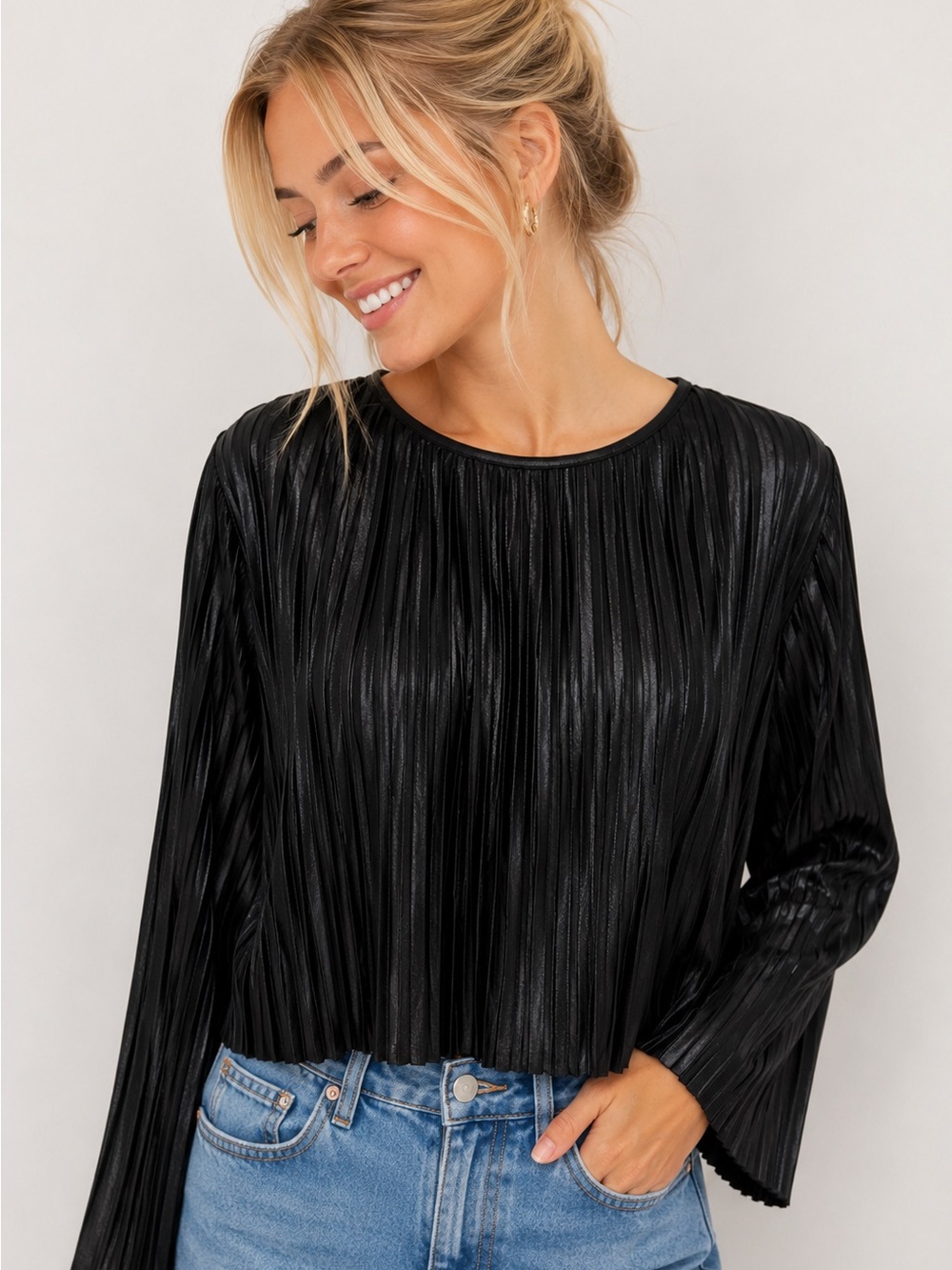 Zara | Black Metallic Pleated Top | Size Small